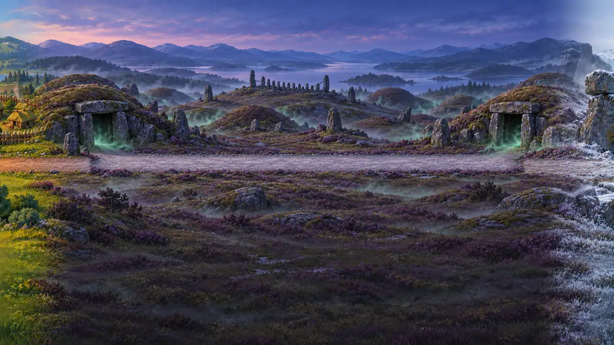 Chapter II: a jarl's steading by a fjord, with burial mounds on the hills beyond.