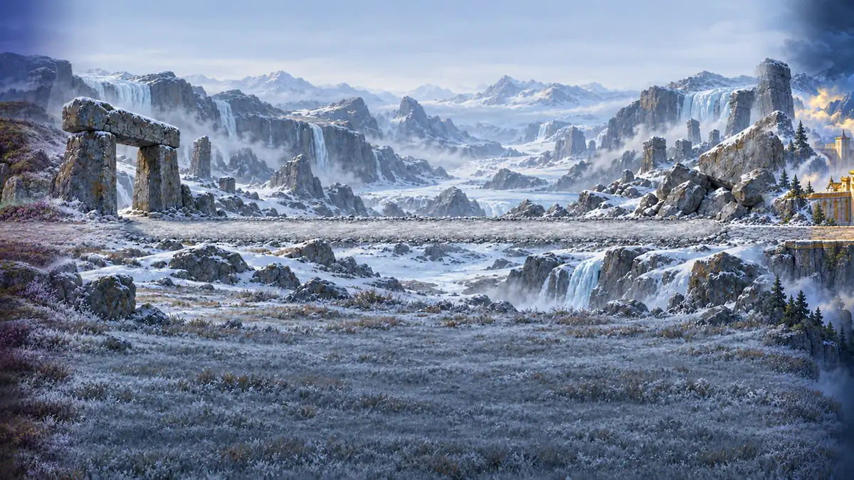 Chapter III: a mountain road between huge stones, snow on the peaks and giants' fires in the distance.