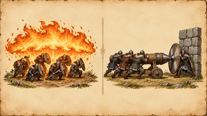 A painted board: fire bursting over a crowd of small warriors, and a ram crew breaking a stone wall.