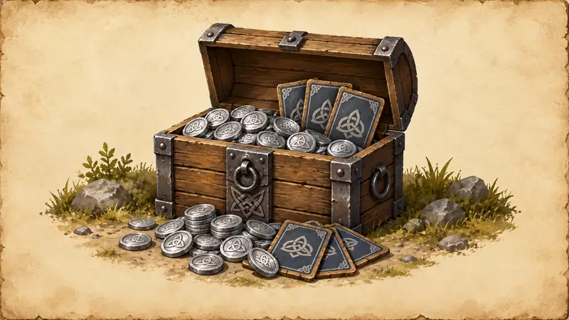 A painted board: an open wooden chest full of silver coins and cards.