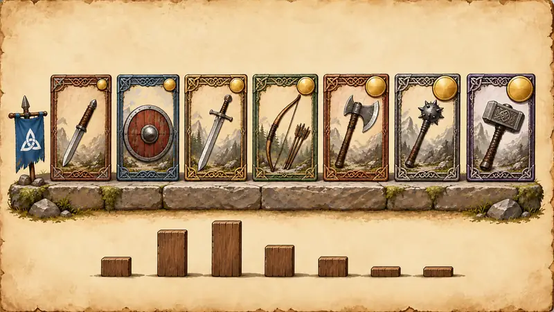 A painted board: a deck of cards behind a blue banner, with wooden bars below showing how the costs spread.