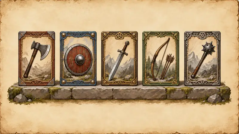 A painted board: a row of five cards standing on a stone shelf.