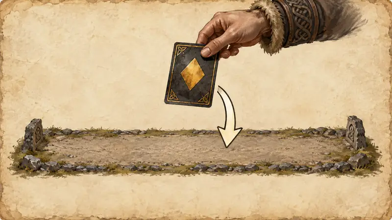A painted board: a hand placing a card onto a lane, with an arrow showing where it lands.