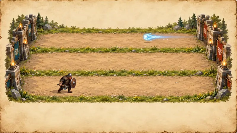 A painted board: three dirt lanes between two stone castles, one warrior walking down a lane and a spell flying.