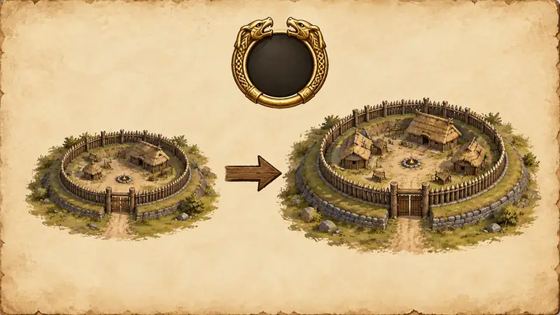 A painted board: a small ring fort growing into a larger one under a player-level emblem.