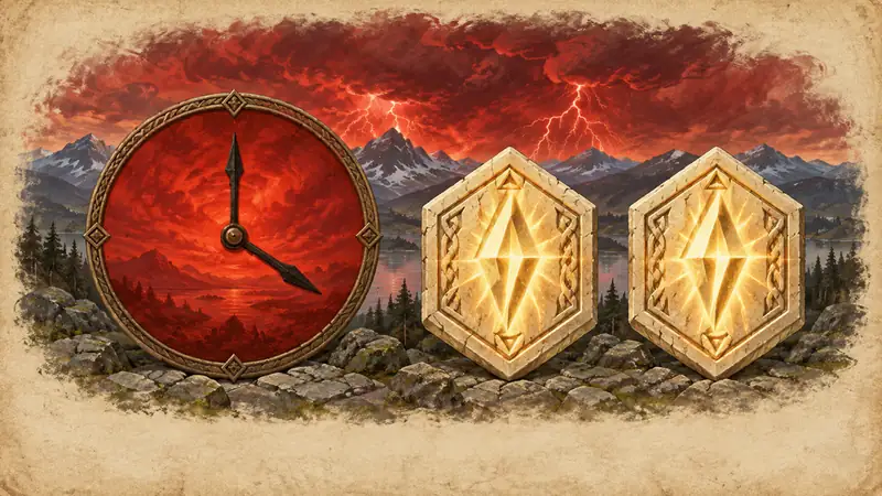 A painted board: a red clock under a stormy Ragnarok sky beside two golden Runic Power crystals.