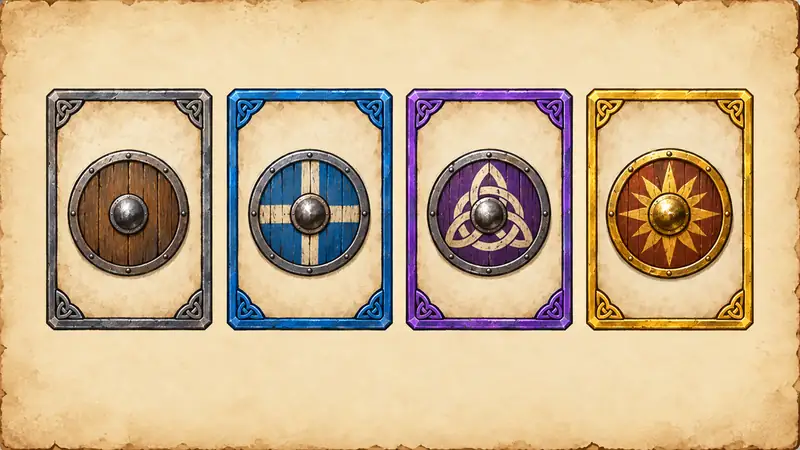 A painted board: four card frames in grey, blue, purple and gold, one for each rarity.