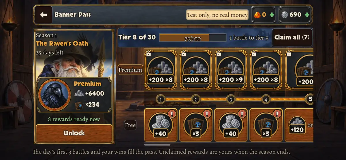 The Banner Pass: the season's painting on the left, and two rows of tier rewards, free and premium, along the top and bottom of a path.
