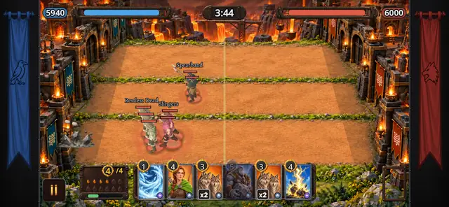 A battle at the Ember Forge on three lanes between two castles.