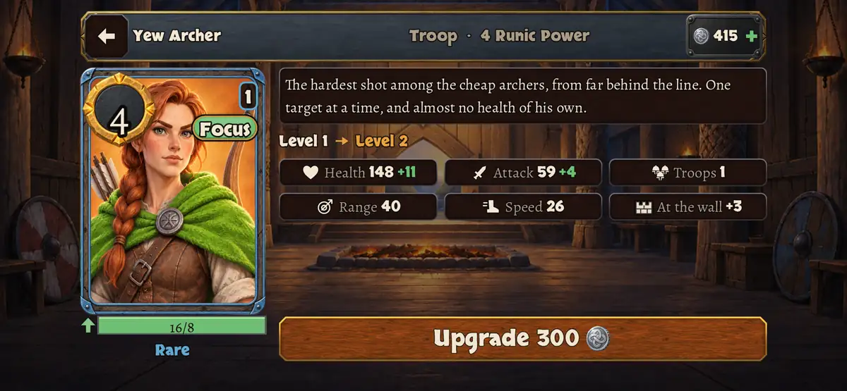 A card's page: the Yew Archer's portrait, what she does at this level and the next, and the upgrade button.