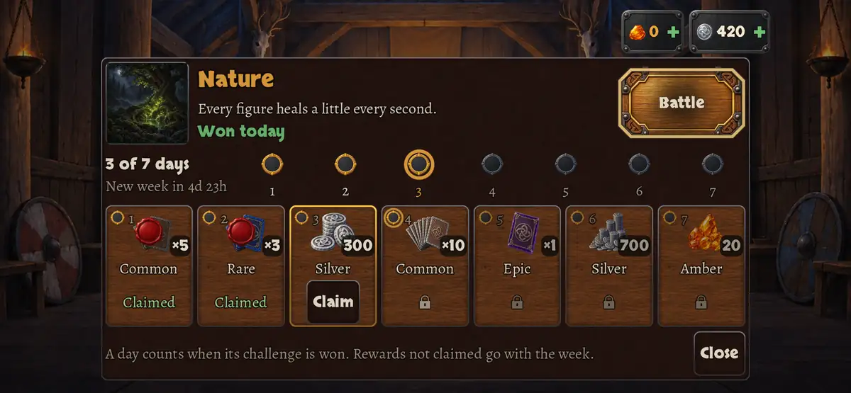 The Game of the day menu: today's rule, Nature, with seven day markers and a row of rewards, three of them already claimed.