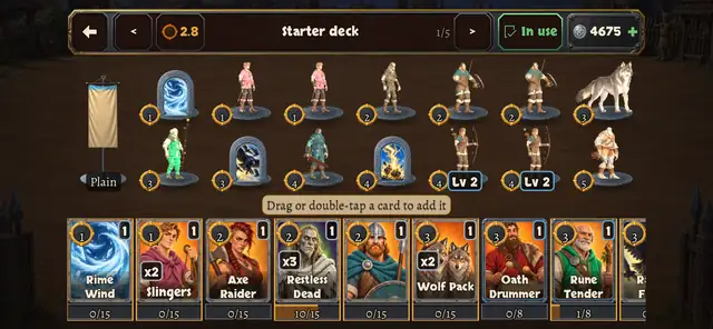 The Decks screen with troops on plinths above a row of cards.