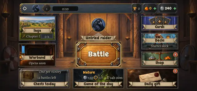 Home: a great hall with the Battle button and doors to the game's screens.