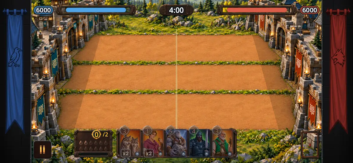 A Saga mission in play: three lanes between the castles, troops meeting in the middle lane.
