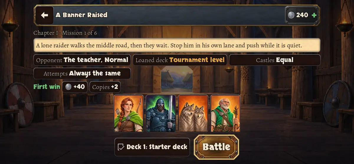 A mission brief in the hall: the mission's story line on parchment, the opponent, the loaned deck, the castles, the first-win reward, four of your cards and the Battle button.