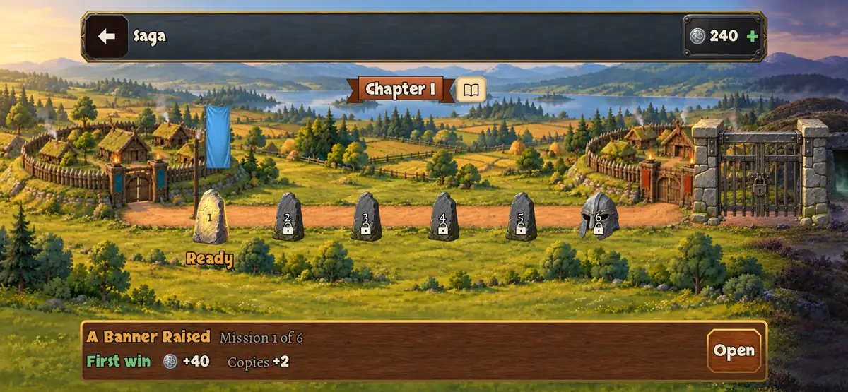 The Saga map: a painted valley with a ringfort, six standing stones along a dirt road, your blue banner at the first stone and a locked iron gate at the end of the chapter.