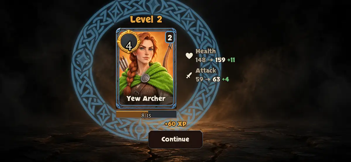 The upgrade ceremony: the Yew Archer's card inside a blue knotwork ring, her health and attack counting up to the new level.